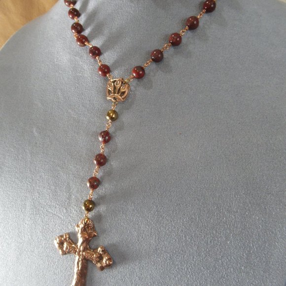 Red Jasper Rosary, Solid Copper Cross and Lily Centerpiece